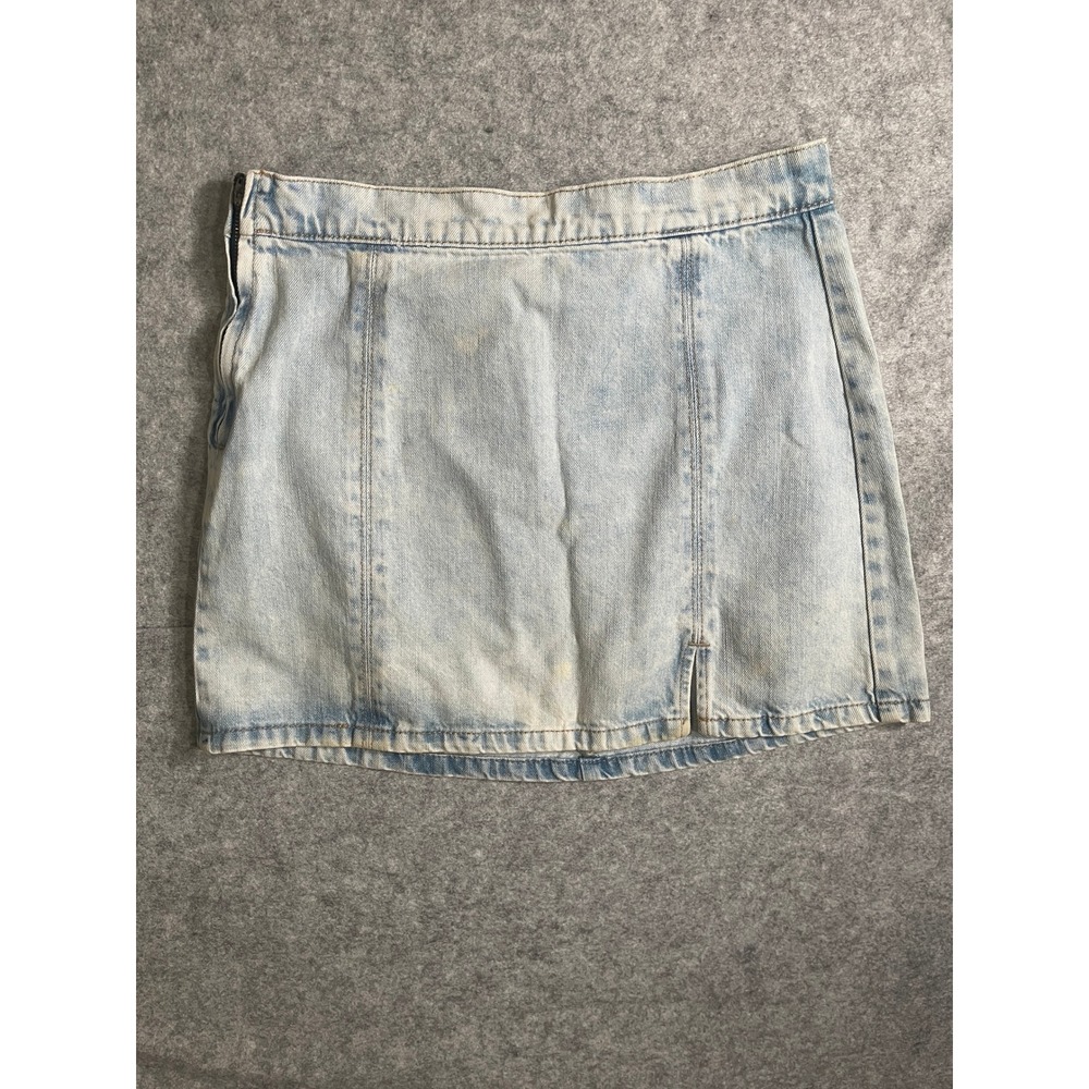 True Craft Light Wash Denim Mini Skirt Side Zip Front Slit A-Line Blue Cotton